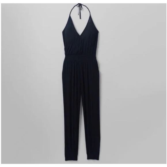 Prana Fernie Jumpsuit Black Halter Neck‎ Elastic Waist Pockets Athleisure Large - Picture 1 of 6